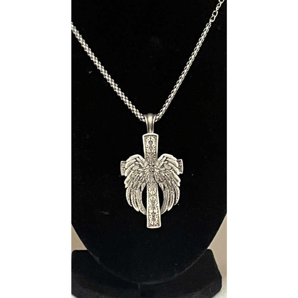 celtic cross with wings mens necklace 24 in
